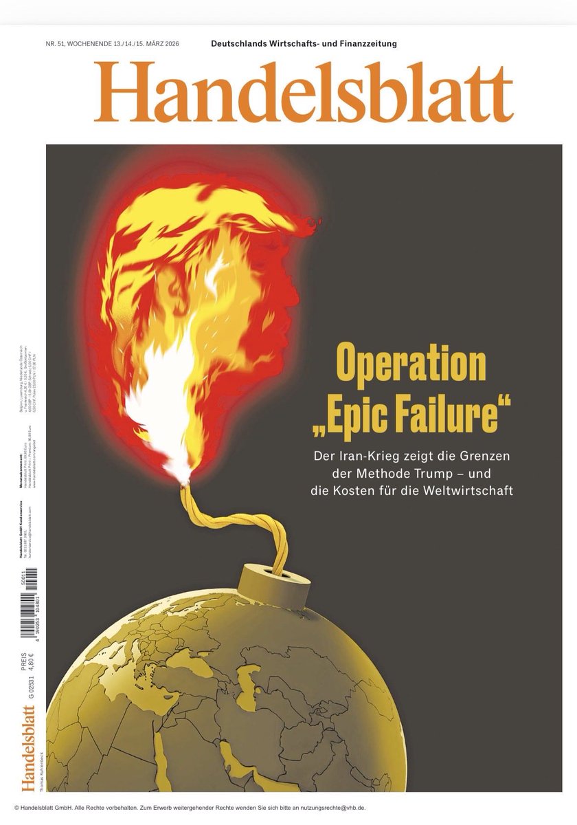 B_Estefan's tweet photo. La portada del principal diario económico y financiero de Alemania: 

"Operación “Fracaso Épico”

La guerra contra Irán muestra los límites del método Trump — y los costos para la economía mundial." https://t.co/iAXT8CeE2h