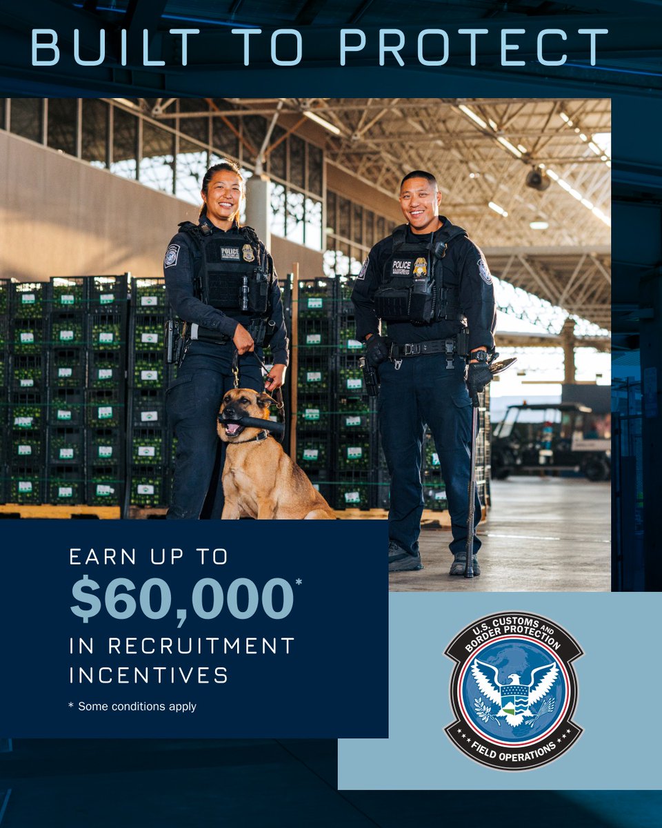 CBP's tweet photo. Your nation needs you. Will you answer the call? 

Discover rewarding career paths &amp; exceptional benefits! Become a U.S. Customs and Border Protection Officer today. 

Apply now for an enriching journey safeguarding our nation!