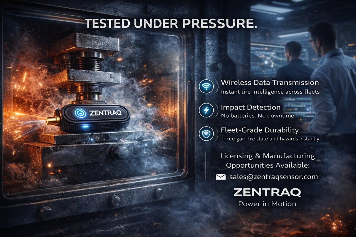 ZentraqSensor's tweet photo. Real intelligence isn’t just on the road — it’s in the data.

Zentraq connects tire performance directly to fleet operations, giving teams real-time insight into vehicle conditions across every route.

From a single truck to a global network, fleets gain the visibility needed to act faster and operate smarter.

Core capabilities:

• Real-Time Wireless Data
• Self-Powered Operation
• Impact Detection Technology

Three innovations working together to deliver continuous tire intelligence — without batteries or interruptions.

Built for fleets.
Designed for global scale.

📩 Licensing & manufacturing opportunities available:
sales@zentraqsensor.com

ZENTRAQ
Power in Motion

#Zentraq #FleetTechnology #SmartMobility #ConnectedFleet #AutomotiveInnovation #LogisticsTech #PowerInMotion