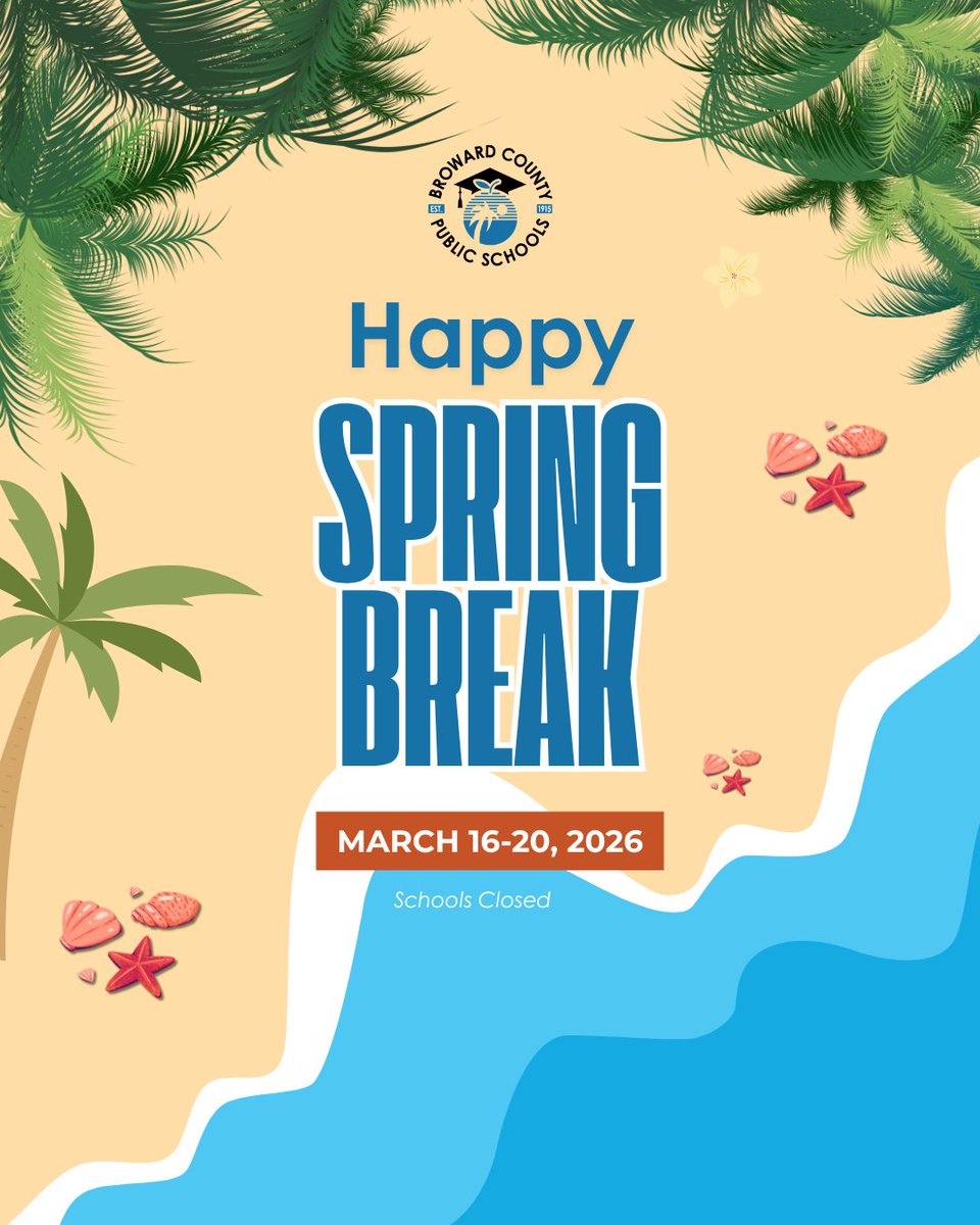 browardschools's tweet photo. All Broward County Public Schools schools will be closed during Spring Break. We hope students, families, and staff enjoy time to rest, recharge, and make memories. Classes will resume after the break—see you soon! https://t.co/Ja4sZKJDID