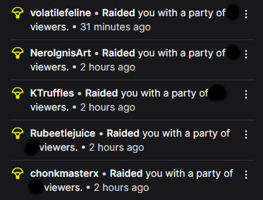 Thank you to <a href="/volatileFeline/">Leneda | Space Dragon PNGtuber</a> <a href="/NeroIgnisArt/">Nero Ignis | Cyborg VTuber | ✨COMMS OPEN✨</a> <a href="/KTrufflesVT/">KTruffles 🌿🍄🌱【VTUBER】</a> <a href="/rubeetlejuice/">Beetle | Twitch Streamer</a> and <a href="/ChonkmasterX/">Chonkmaster</a> for the raids today! any moots of mine should check them out!