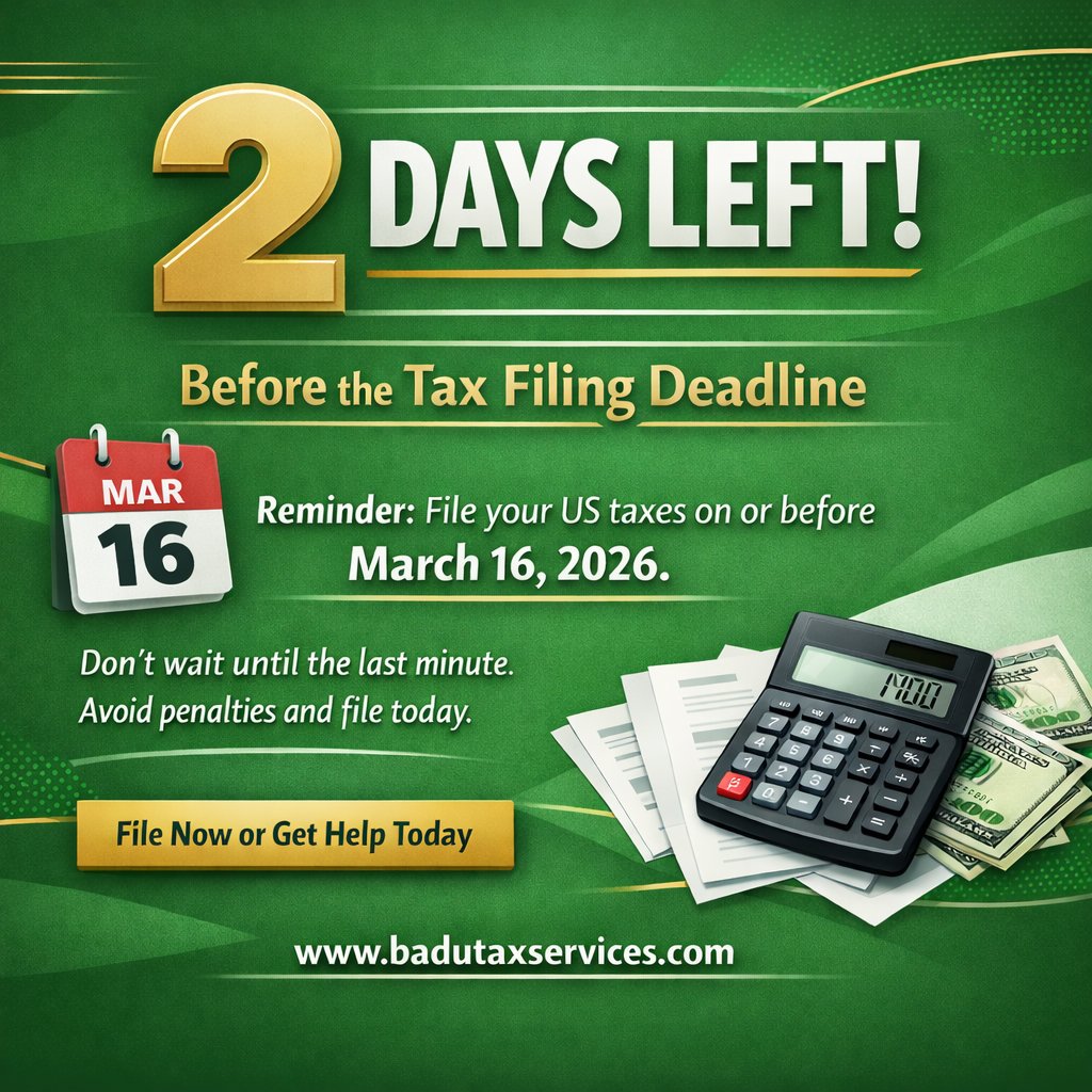 BaduTaxServices's tweet image. Tax deadline is approaching fast! ⏳

If you haven’t filed your taxes yet, now is the time to take action. The US Tax Filing Deadline is March 16, 2026. Don’t risk late penalties and unnecessary stress.

Call us today to get started! (773) 819-5675

.

#BaduTaxServices #TaxHelp