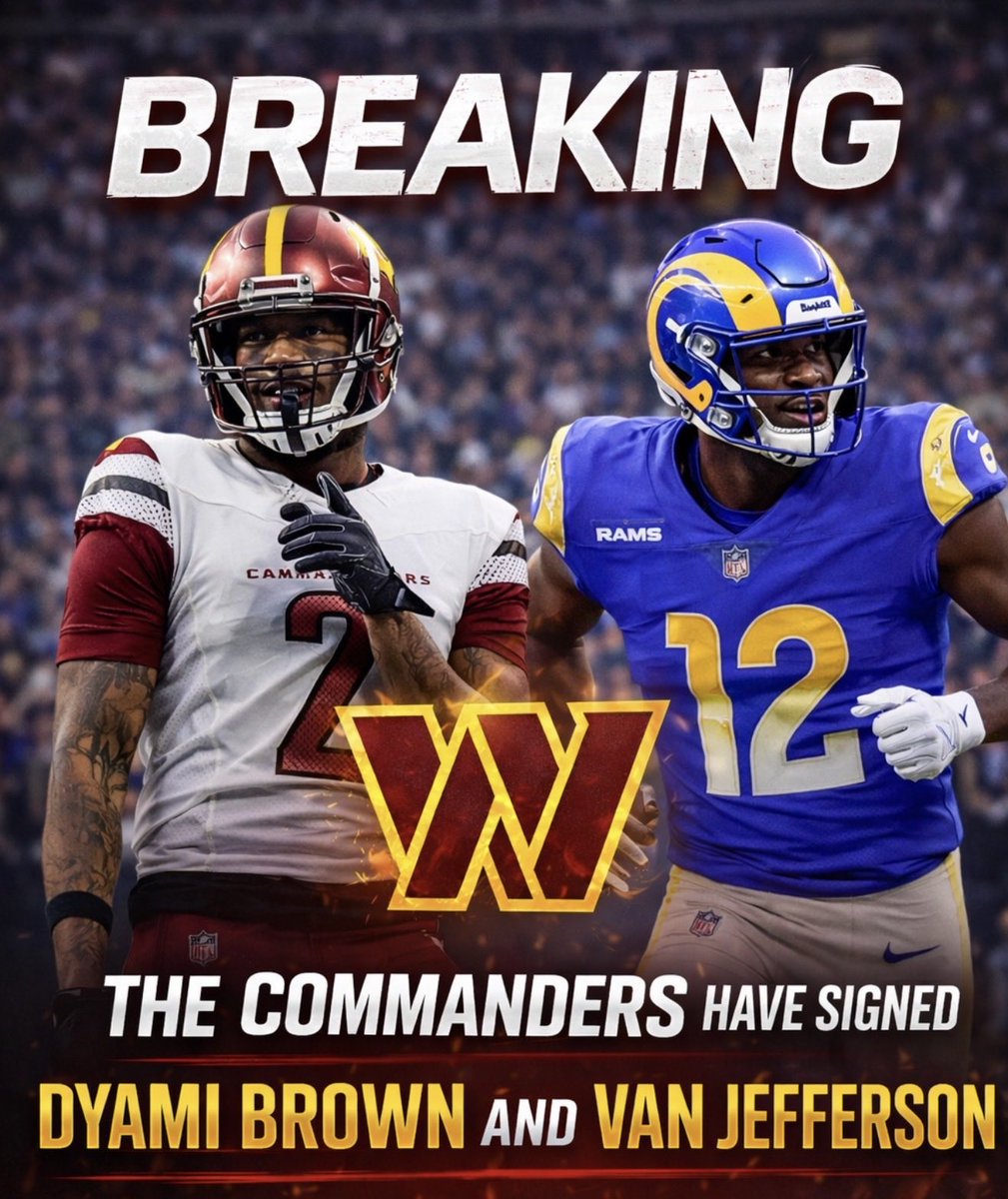 HailHogsNation's tweet image. 🚨 BREAKING 🚨

The Washington Commanders have signed two wide receivers 👀

• Dyami Brown — 1-year deal (up to $3M)
• Van Jefferson — 1-year deal

Washington adds more WR depth for Jayden Daniels this season 🔥

Do you like these signings? 🤔