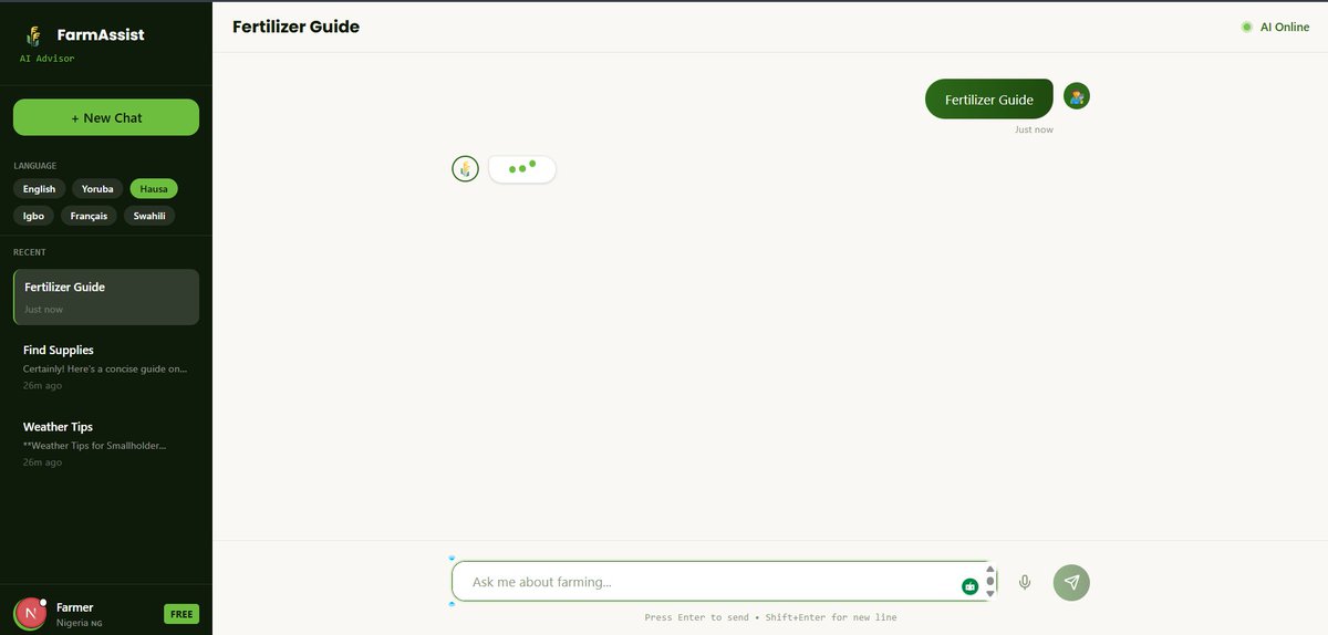 temivalentine_'s tweet photo. built an AI farm advisor for smallholder farmers across Africa 🌾

multilingual—responds in English, Yoruba, Hausa, Igbo, French and Swahili

powered by Amazon Nova AI.

FarmAssist 👨‍🌾

demo dropping tomorrow 🩷
#AmazonNova #BuildInPublic #AI https://t.co/0F9v2hWDkH