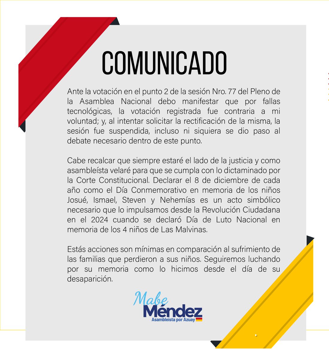 LojaResurge's tweet photo. RT @MabeMendezR: 🔴#COMUNICADO🔴

A la ciudadanía:
#Los4DeLasMalvinas https://t.co/mglHMiDHsY
