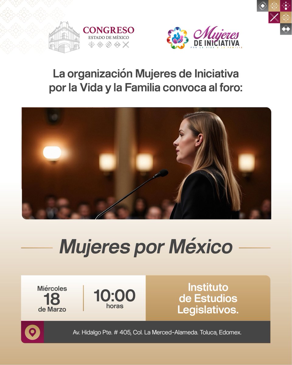 CongresoEdomex's tweet photo. Las mujeres son motor de transformación social. 💜

Este 18 de marzo se realizará un encuentro para dialogar sobre su participación, liderazgo y aportaciones en la construcción de un mejor país. 🇲🇽

🗓️ 18 de marzo | ⏰ 9:00 h
📍 @InesleMX 

#Mujeres #ParticipaciónCiudadana #Igualdad #CongresoEdomex #MujeresLíderes #AgendaPública