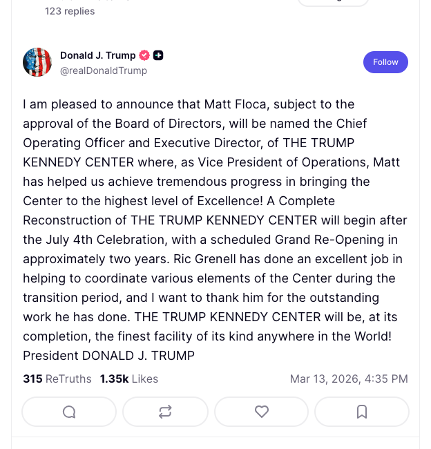 sara_bee's tweet photo. Donald Trump now suggesting his Kennedy Center reno is much more extensive than he previously admitted — "A Complete Reconstruction of THE TRUMP KENNEDY CENTER with begin after the July 4th Celebration, with a scheduled Grand Re-Opening in approximately two years." https://t.co/yOxCg6OUgq