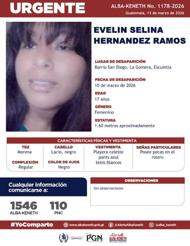 #AlertaAlbaKeneth⚠️| Evelin Selina Hernandez Ramos de 17 años de edad. Desapareció el 10 de marzo de 2026, en Barrio San Diego, La Gomera, Escuintla.

🔁Comparte y ayúdanos con su localización.
📞Si tienes información llama al 1546. #YoComparto