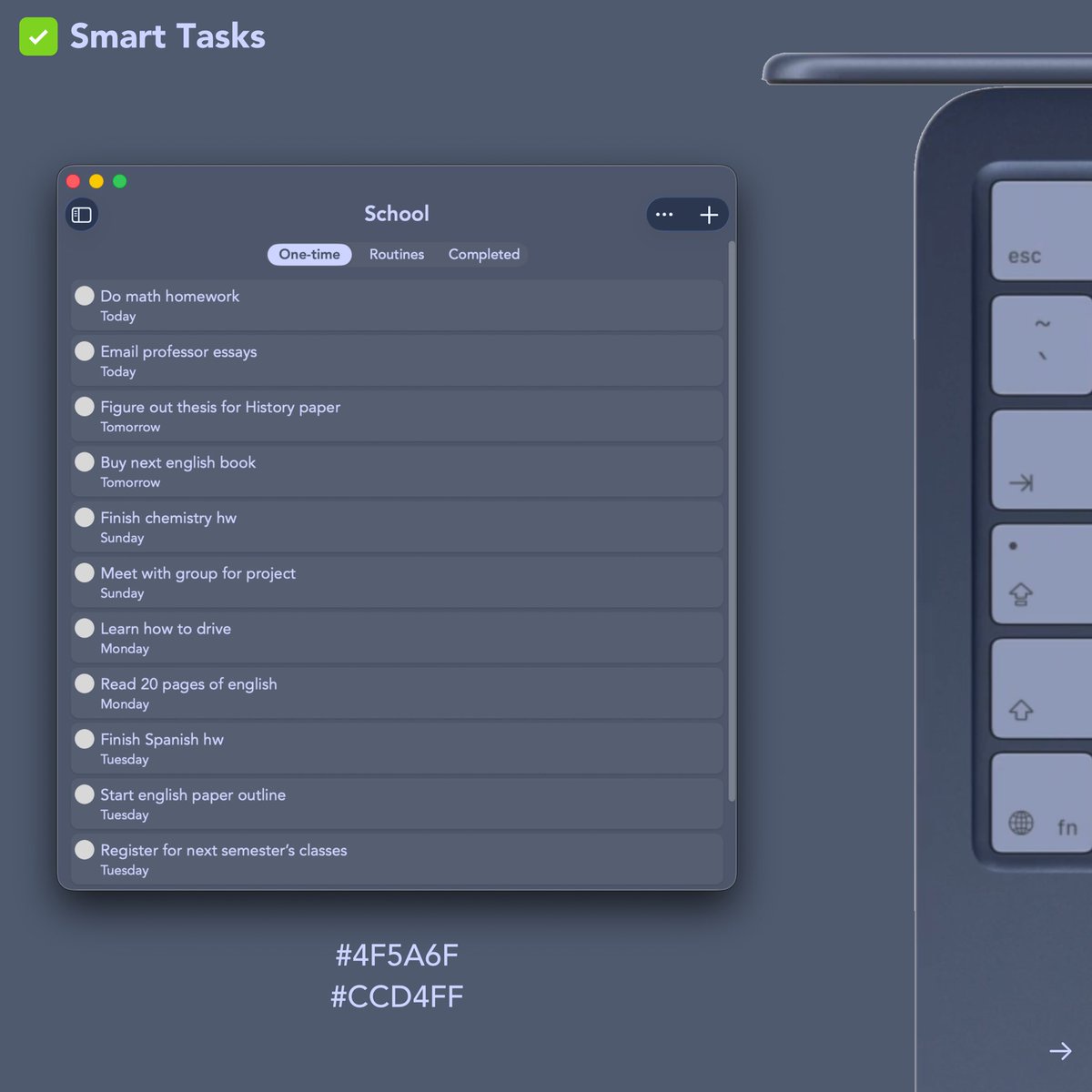 smarttasksapp's tweet photo. Your new MacBook Neo came in a color. Your to-do list in #SmartTasks should too 🎨​​​​​​​​​​​​​​​​

How to import a category color:
1. Start creating or editing a category in Smart Tasks
2. Tap the + button under “Custom Color”
3. Tap “Import” and add the HEX code https://t.co/ipbUSq5EOO