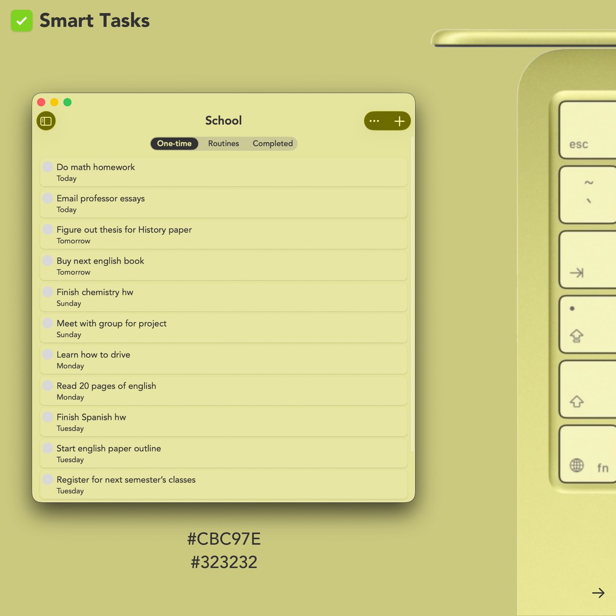 smarttasksapp's tweet photo. Your new MacBook Neo came in a color. Your to-do list in #SmartTasks should too 🎨​​​​​​​​​​​​​​​​

How to import a category color:
1. Start creating or editing a category in Smart Tasks
2. Tap the + button under “Custom Color”
3. Tap “Import” and add the HEX code https://t.co/ipbUSq5EOO