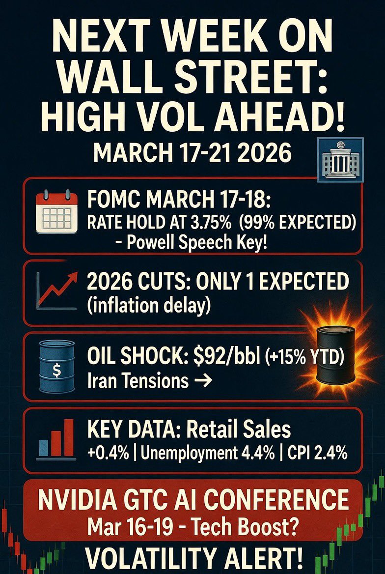 Quinn_Delphi's tweet photo. 다음주(2026년 3월 17~21일) 월가 예상 주요 뉴스

연준 FOMC 회의(3월 17~18일, 결정 18일)가 절대 화두입니다.
•  금리 3.75% 동결 99% 예상 (최근 검색·FedWatch 기준). 중동 긴장(Iran conflict)으로 유가 급등($92/bbl, YTD +15%) → 인플레이션 재점화 우려.
•  파월 의장 기자회견 + 2026년 점도표(dot plot)에서 2026년 금리 인하 횟수 1회 정도로 축소될 가능성 높음 (일부 전망 9월 1회).
경제 지표
•  3월 16일 미국 소매판매(Retail Sales) 예상 +0.4% m/m (소비 경기 판단 핵심).
•  최근 데이터 참고: 2월 실업률 4.4%, CPI 2.4% (n=최근 BLS 시료 기준).
NVIDIA GTC AI 컨퍼런스(3월 16~19일)
•  AI 신기술 발표로 엔비디아·테크株 움직임 예상.
전체적으로 변동성 확대 예상 (VIX 상승 가능). Fed 정책 + 유가 + AI 뉴스가 시장 방향 결정할 전망입니다. (출처: https://t.co/frVHFBisFN, MarketWatch, CNBC 등 최신 캘린더 종합)