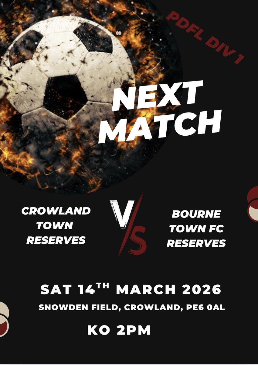 BTFCreserves's tweet photo. ⚽️🔥 MATCH DAY 🔥⚽️

It’s PDFL Div 1 action on the road as Bourne Town FC Reserves travel to face Crowland Town Reserves.

🗓 Saturday 14/03/2026
⏰ KO 2PM
📍 Snowden Field, Crowland, PE6 0AL

Up the Wakes! 💙🩶

#BourneTownFCReserves #MatchDay #UpTheWakes #GrassrootsFootball https://t.co/zpOWMokwpY