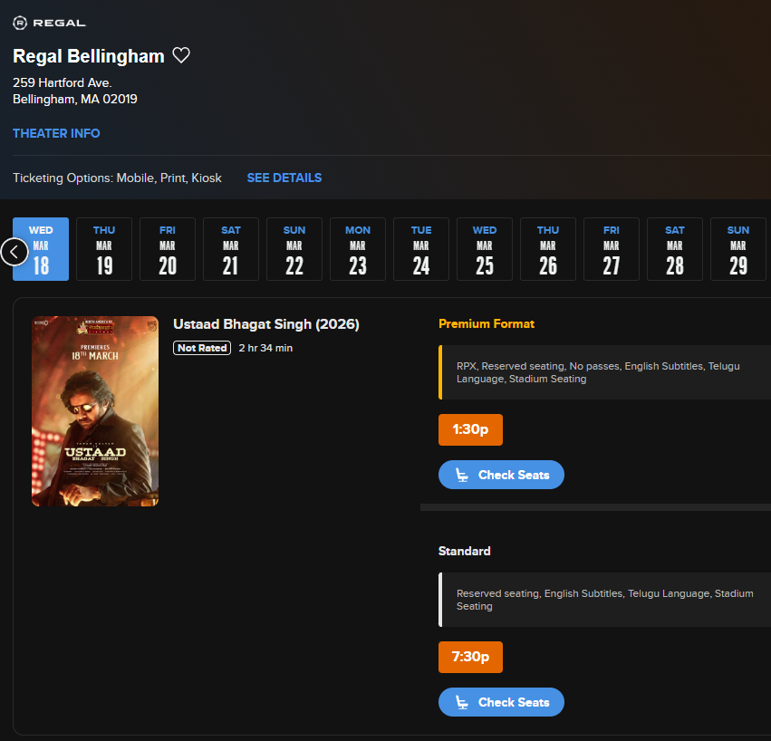 PrathyangiraUS's tweet image. #UstaadBhagatSingh 🇺🇸

@RegalMovies - RPX Shows now open at

Regal Commerce Center - North Brunswick, NJ
Regal Bellingham -  MA
Regal Westbury -  NY
Regal Warrington Crossing - PA
Regal Hollywood - Nashville, TN
Regal Deerfield Town Center - Mason, OH

Grab your tickets 🎟️