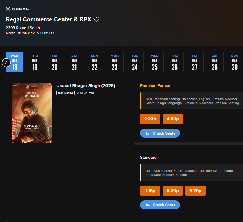 PrathyangiraUS's tweet image. #UstaadBhagatSingh 🇺🇸

@RegalMovies - RPX Shows now open at

Regal Commerce Center - North Brunswick, NJ
Regal Bellingham -  MA
Regal Westbury -  NY
Regal Warrington Crossing - PA
Regal Hollywood - Nashville, TN
Regal Deerfield Town Center - Mason, OH

Grab your tickets 🎟️