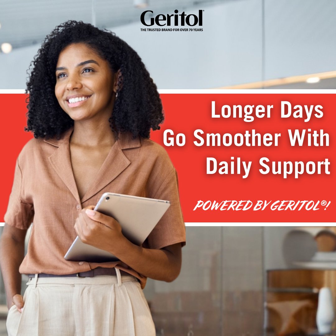 Longer days. Smoother momentum.

Geritol® supports energy metabolism with essential vitamins &amp; minerals — helping you stay steady from AM to PM.

Daily support that goes the distance.

#Geritol #SteadyEnergy #LongerDays