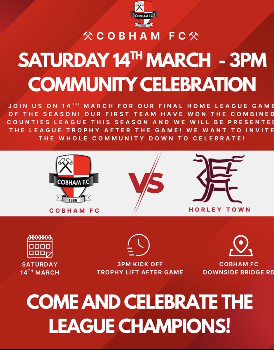 SimonHalls's tweet photo. @NonLeagueHQ1 @NonLeagueCrowd @ComCoFL 
Shout out to any non-league fans looking for their Sat pm fix and chance to celebrate the league winning, promotion clinching season as we close in on a 100+ goal difference - @Cobham_FC - come along for match, trophy lift &amp; celebrations https://t.co/nJWCuLAh1X