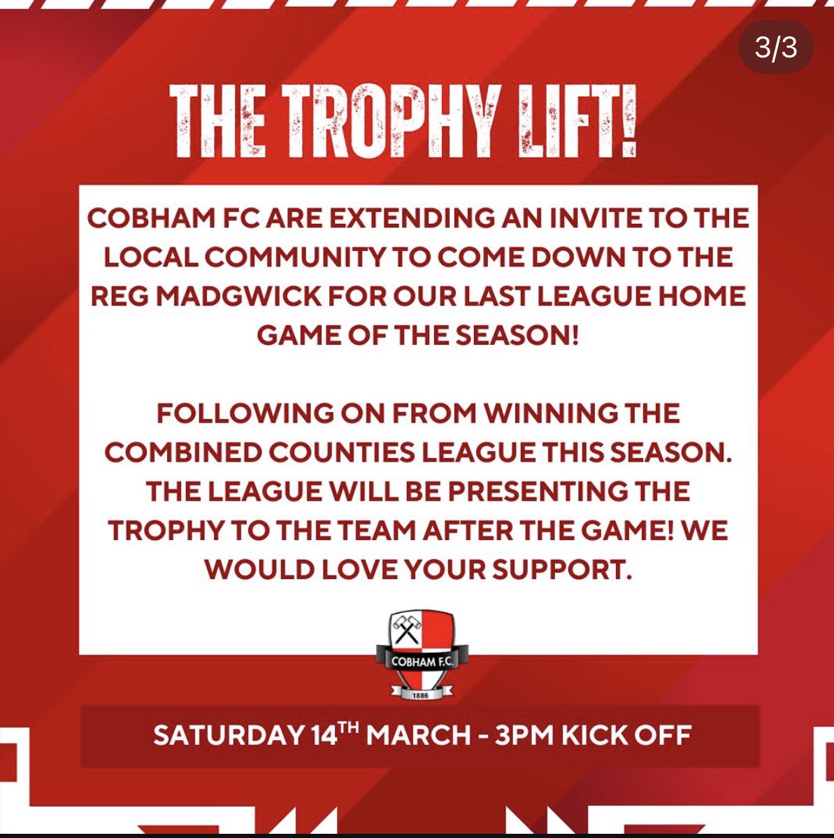 SimonHalls's tweet photo. @NonLeagueHQ1 @NonLeagueCrowd @ComCoFL 
Shout out to any non-league fans looking for their Sat pm fix and chance to celebrate the league winning, promotion clinching season as we close in on a 100+ goal difference - @Cobham_FC - come along for match, trophy lift &amp; celebrations https://t.co/nJWCuLAh1X
