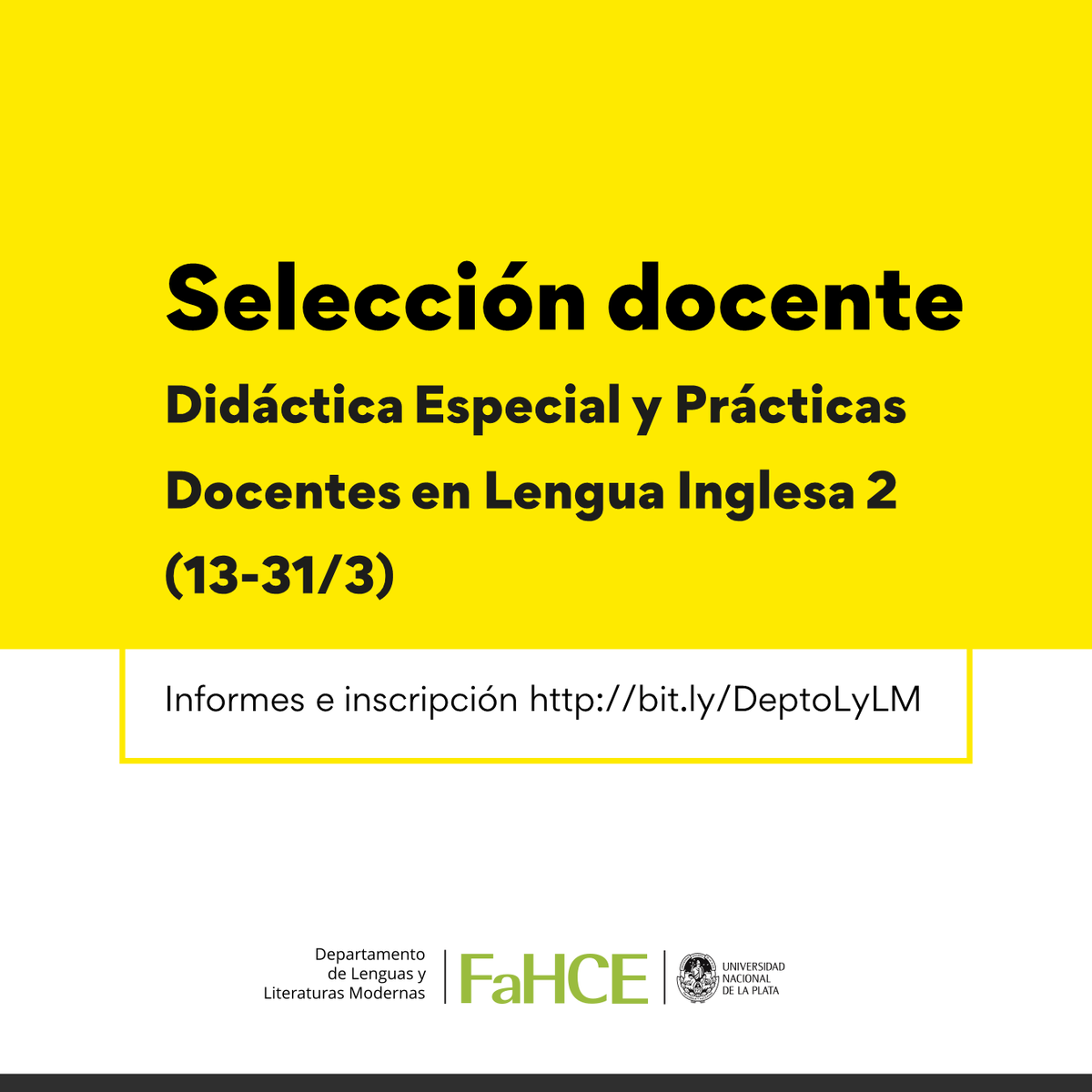 deptolylm's tweet photo. Selección docente de Ayudante Diplomadx para las materias 

Capacitación en Francés 1,
Didáctica Especial y Prácticas Docentes en Lengua Inglesa 2.

(13-31/3) 
Más información e inscripción: https://t.co/y3xuDuHxVO https://t.co/5qSpnTj8nH