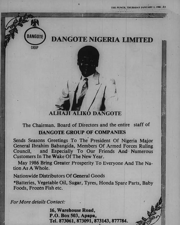 Dangote group New Year Message to IBB on January 2, 1986.