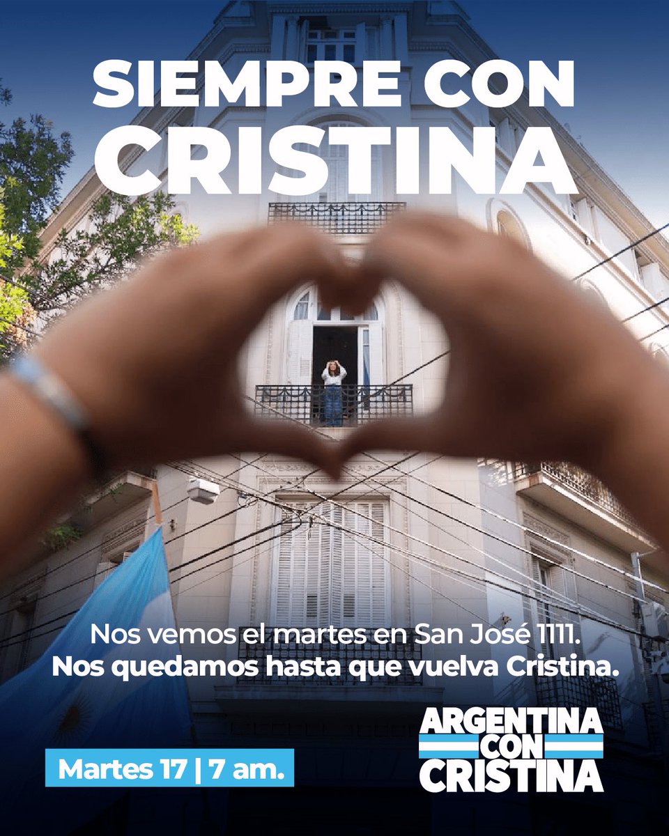 SIEMPRE CON CRISTINA ✌🏼 

Milei arma una farsa judicial para tapar su desastre. Quiere que Cristina siga presa.   

Nosotros vamos a estar con ella.  

Martes 17 en San José 1111. Desde las 7 am hasta que vuelva Cristina.  

#CristinaLibre