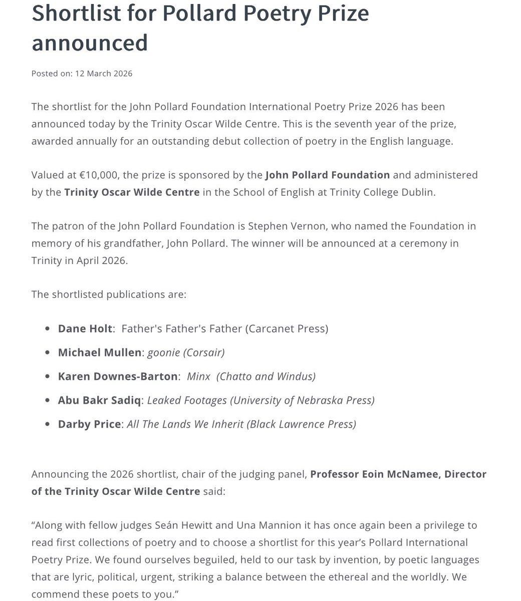 bakronline's tweet photo. I am so delighted that my book, Leaked Footages, is shortlisted for the John Pollard Foundation International Poetry Prize by @tcddublin. It is an honor to be on this list amongst these terrific poets whom I'm grateful to be writing in the same time as.

@UnivNebPress https://t.co/CO7LHpGrTo