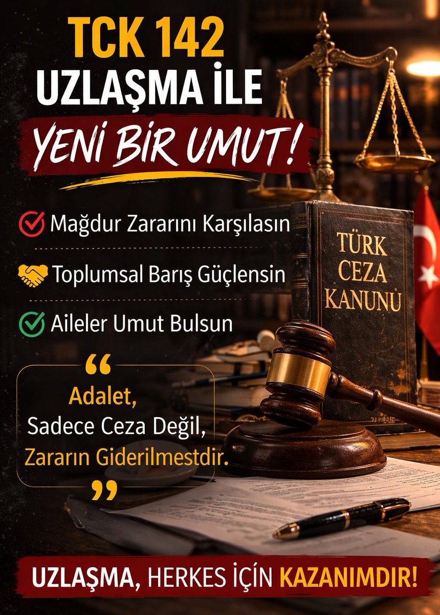 <a href="/melih_meric/">Melih Meriç</a> Sayın <a href="/melih_meric/">Melih Meriç</a> <a href="/herkesicinCHP/">CHP 🇹🇷</a> 
Desteklerinizden dolayı size minnettarız. 🙏🏻
🚩TCK 158 ve TCK 142 için uzlaşma düzenlemesi düşünülmelidir.
Adalet herkes için gereklidir.
⏰ İnfaz Düzenlemesinin Hızlandırılması
Bekleyen düzenleme hızlandırılmalıdır.
🔴 Cezaevlerinde İnsani