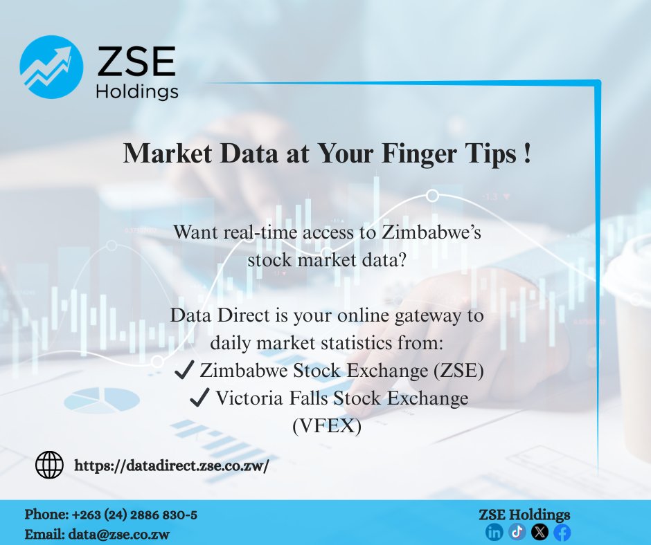 ZSEHoldings_ZW's tweet photo. Market data at your finger prints. “Understanding today’s numbers, investing for tomorrow.” Email data@zse.co.zw for more information #datadirect https://t.co/WqNdtBFUqU