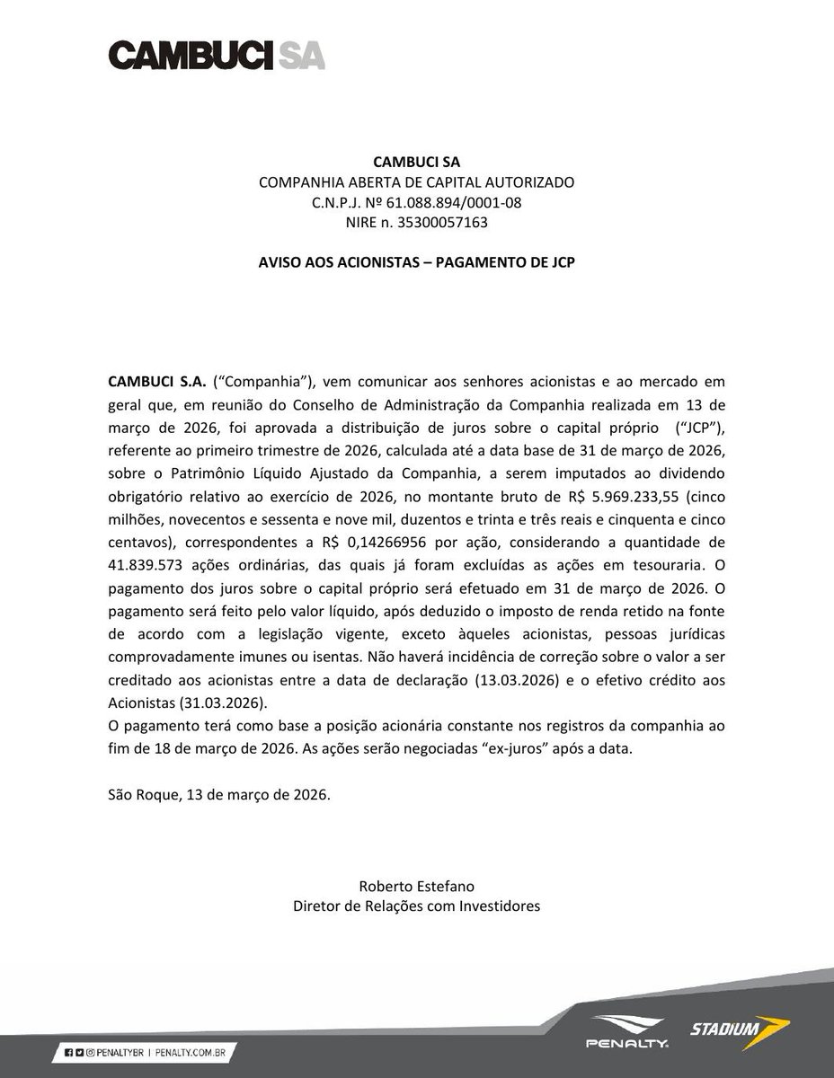 AvisosDaBolsa's tweet photo. CAMBUCI S.A. - Dividendos/Juros sobre Capital Próprio #CAMB3 #DIVIDENDO #JCP https://t.co/hsqdNwNw9S