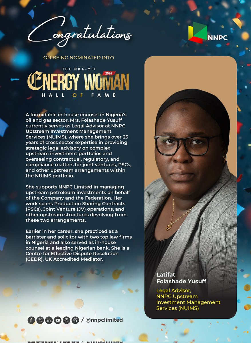 AbbaAudu_'s tweet photo. Congratulation to the Legal Advisor, NNPC Upstream Investment Management Services (NUIMS), Latifat Yusuff, on being named in the Nigerian Bar Association – Young Lawyers Forum (NBA-YLF) 2026 Energy Woman Hall of Fame.

Latifat has not only climbed the ranks in her career path but has also chosen to lift others as she rises through her work as the Regional Director, Africa, Association of International Energy Negotiators (AIEN).

#IWD2026 
#WomenOfNNPC 
#HumansOfNNPC 
#EnergyWomanHallOfFame