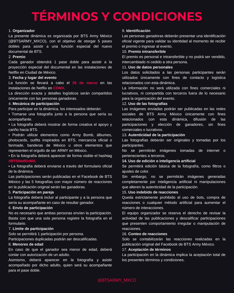 BTSARMY_MXCO's tweet photo. ARMY, tenemos una sorpresa para ustedes…

¿Te gustaría ver el nuevo documental de BTS antes que nadie? 👀

¡Tenemos para ti 5 pases dobles para asistir a una función especial en las instalaciones de Netflix en Ciudad de México este 26 de marzo!.

Para participar:

📸 Tómate una foto con tu acompañante mostrando su lado más ARMY
🇲🇽 Sean creativos y demuestren su orgullo ARMY mexicano
#️⃣ Incluyan el hashtag #BTSNetflixMX en su foto.

Las fotos serán publicadas a través de nuestro Facebook y las 5 con más reacciones ganarán.

🔗 Participa aquí: https://t.co/m8WNroiDoh

⚠️ Consulta los términos y condiciones.

¡Mucha suerte Army! 💜

#BTSNetflixMX #BTSARMY_MXCO