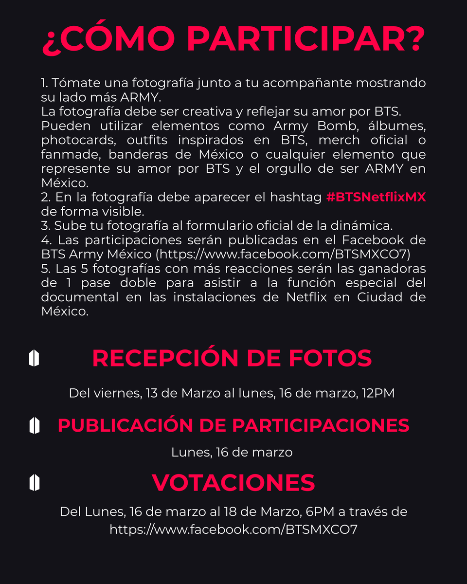 BTSARMY_MXCO's tweet photo. ARMY, tenemos una sorpresa para ustedes…

¿Te gustaría ver el nuevo documental de BTS antes que nadie? 👀

¡Tenemos para ti 5 pases dobles para asistir a una función especial en las instalaciones de Netflix en Ciudad de México este 26 de marzo!.

Para participar:

📸 Tómate una foto con tu acompañante mostrando su lado más ARMY
🇲🇽 Sean creativos y demuestren su orgullo ARMY mexicano
#️⃣ Incluyan el hashtag #BTSNetflixMX en su foto.

Las fotos serán publicadas a través de nuestro Facebook y las 5 con más reacciones ganarán.

🔗 Participa aquí: https://t.co/m8WNroiDoh

⚠️ Consulta los términos y condiciones.

¡Mucha suerte Army! 💜

#BTSNetflixMX #BTSARMY_MXCO