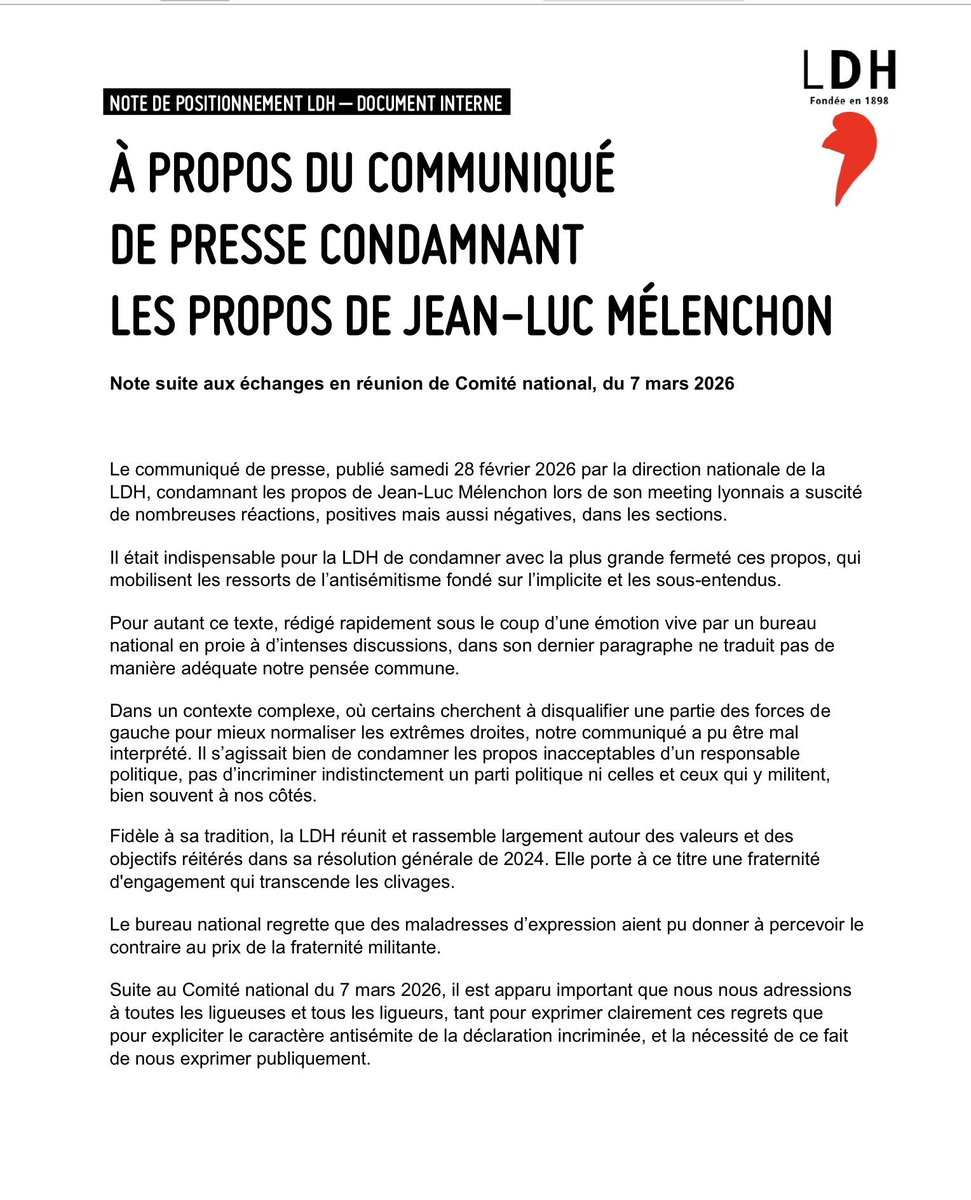 Pauvre LDH....
Nous sommes solidaires à 100% avec Mélenchon.
Les propos de Mélenchon ne sont pas antisémites. Mélenchon n'est pas antisémite.
