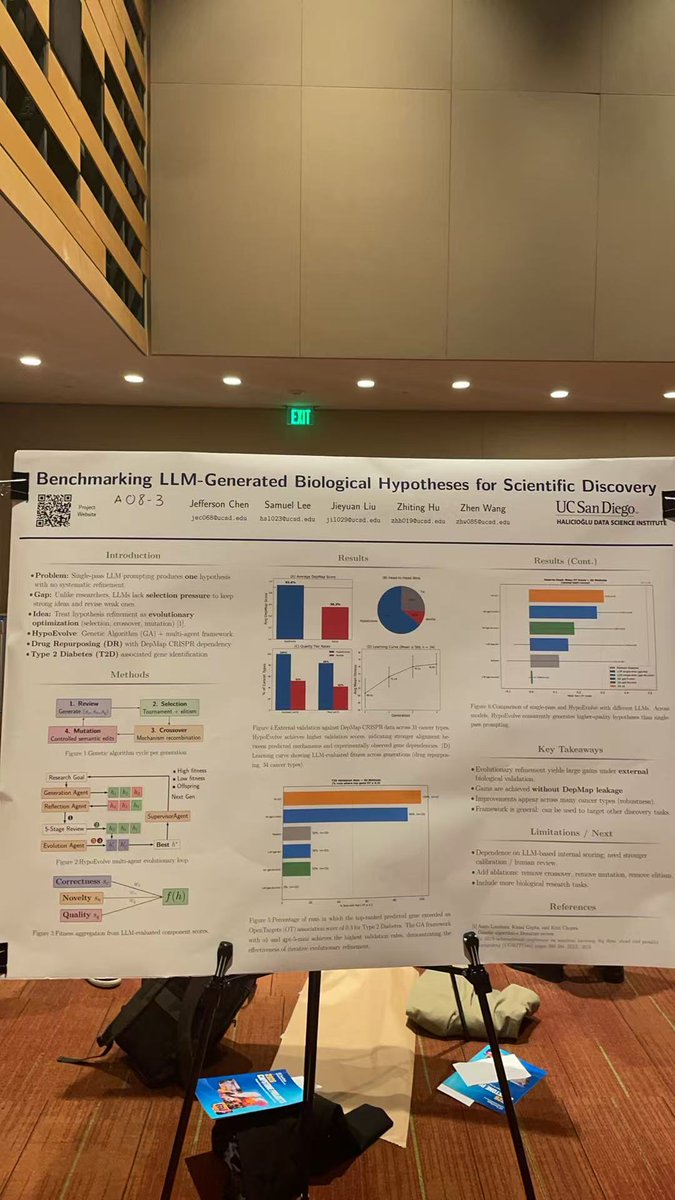 zhenwang9102's tweet image. Today is UCSD DSC Capstone Poster Showcase! CS/DS students are presenting AI/ML projects on real-world problems: dsc-capstone.org/showcase-26/

One poster from my students, Jefferson and Samuel is “Benchmarking #LLM -generated biological hypotheses for #Scientific #Discovery” #AI