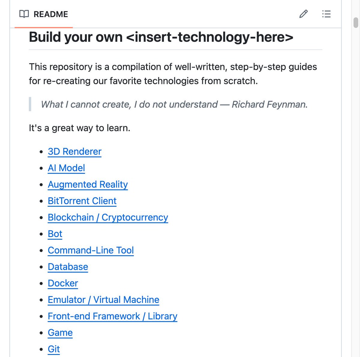 🚨 Someone compiled every "build it from scratch" tutorial on the internet into one place.

It's called build-your-own-x and it's the most starred repo in GitHub history.

466,000 stars. More than React. More than TensorFlow. More than any tool ever built.

And it's not code.