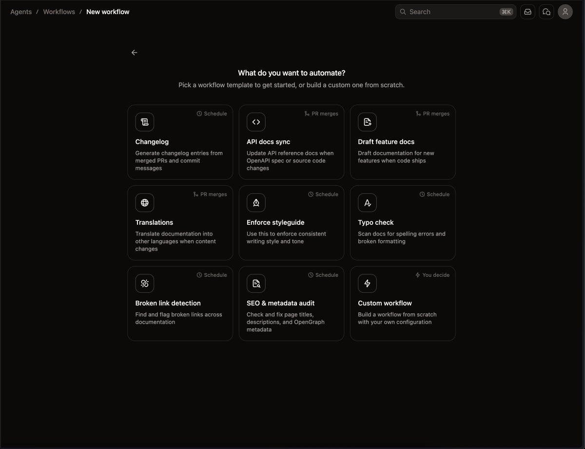 we've been iterating on workflows this week

- new workflow creation flow that lives exclusively in the dashboard
- ready-to-go templates that we use on our own docs
- slack notifications for pings about workflows

try it out!