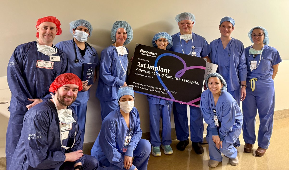 CVRx_Barostim's tweet photo. We were proud to partner with Dr. Scott Reishus, Dr. Ali Valika, Dr. Owais Malick, and the team at Advocate Good Samaritan Hospital on their first #Barostim implant. Their patients now have access to a novel device therapy to improve symptoms of #heartfailure. https://t.co/cbBGISMLme