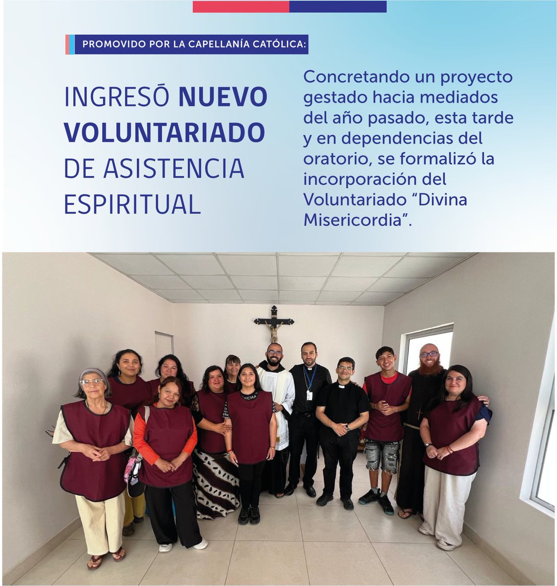 HospitalCrs's tweet photo. Esta tarde, con una emotiva ceremonia organizada por nuestra Capellanía Católica, el Voluntariado “Divina Misericordia” inició sus funciones. Son 17 voluntarias y voluntarios que acompañarán con apoyo, esperanza y cercanía a nuestros pacientes hospitalizados. https://t.co/0cQz1NrEPd