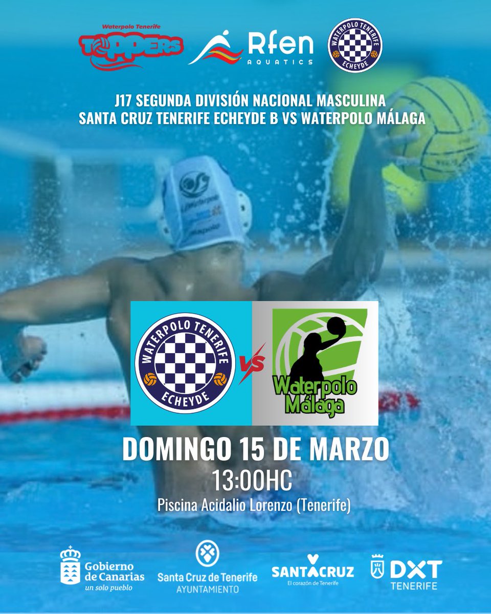 CNECHEYDE's tweet photo. 🤽‍♂️ #PREVIA | Los #Toppers del #FilialEcheyde , ante una mini “final” clave para la #OperaciónRegreso 👊🏻

🏆 Jornada 1️⃣7️⃣ Fase 2 Liga de Segunda División
🆚️ @MalagaWaterpolo 
🗓 Domingo 15
🕐 13:00h🇮🇨
🏠 Piscina Acidalio Lorenzo (Santa Cruz de Tenerife)
📺 YouTube Echeyde https://t.co/7Zc5TK0tCJ