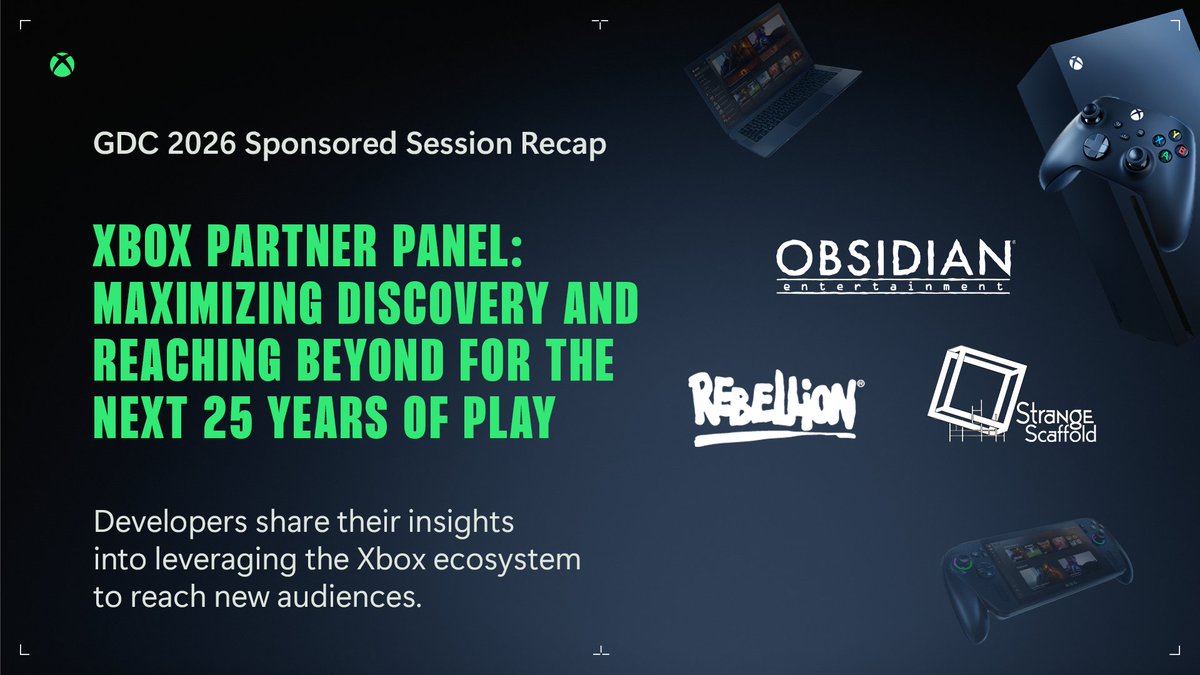 XBOXGameDev's tweet photo. Xbox at GDC 🔥 Maximizing Discovery: Lessons from Creators Shaping the Next 25 Years of Play

This week, we brought together seasoned creators from @Obsidian, @Rebellion, and @StrangeScaffold to share practical lessons on increasing visibility, reaching players, and sustaining engagement in the Xbox ecosystem. They also talked about what discovery really looks like today and over the next 25 years 💫

More in the session recap:
https://t.co/saaB8IWb4I