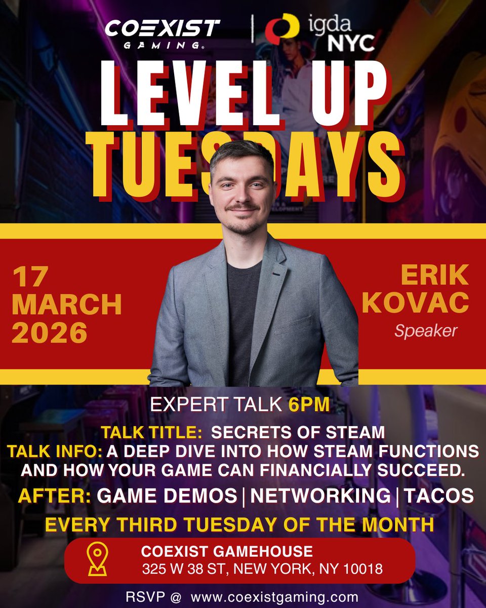 IGDANYC's tweet image. March 17: Erik Kovac on "Secrets of Steam"

How it functions and how your game can succeed financially. 

+ two NYC game showcases, networking, tacos, and game play

RSVP for FREE entry: coexistgaming.com/event-details/…

#NYMakesGames