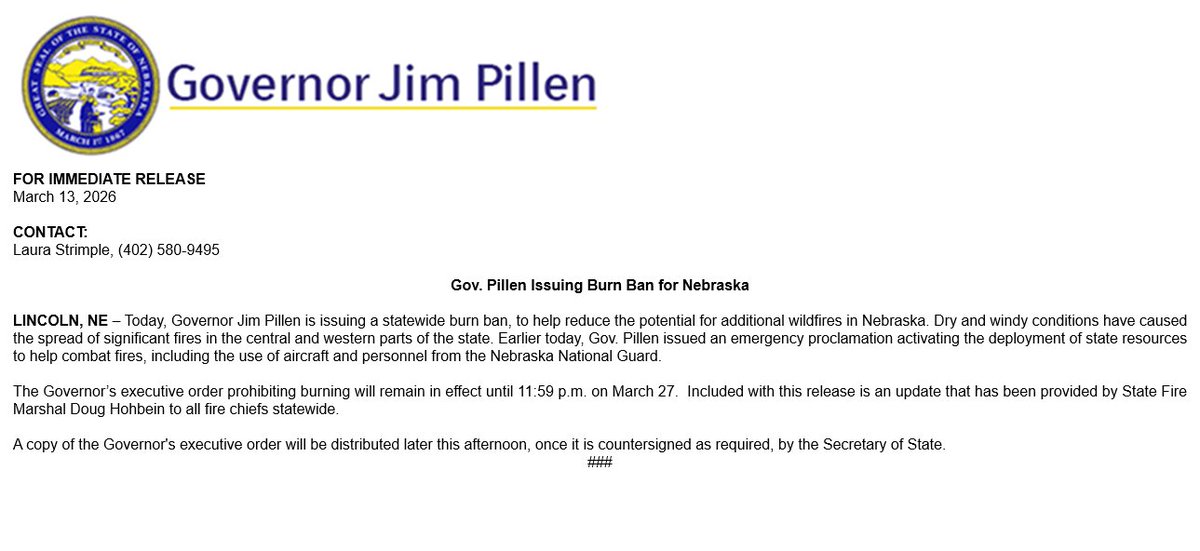 Today, Governor Jim Pillen issued a statewide burn ban to help reduce the risk of additional wildfires across Nebraska.

The Governor’s executive order prohibiting burning will remain in effect until 11:59 p.m. on March 27.
🔗nema.nebraska.gov/articles.php?n…
