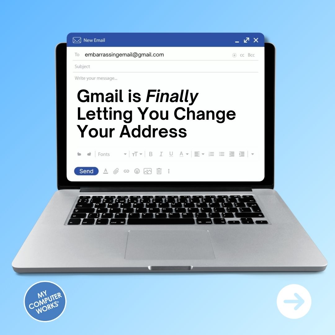 MyCompWorks's tweet photo. Still using the Gmail address you made in 2008? Google is finally allowing some users to change their email address without starting over.

For a step-by-step on how to change your gmail address, read our blog: https://t.co/YtmQ4Mfo0P https://t.co/EWlJOHbpXy