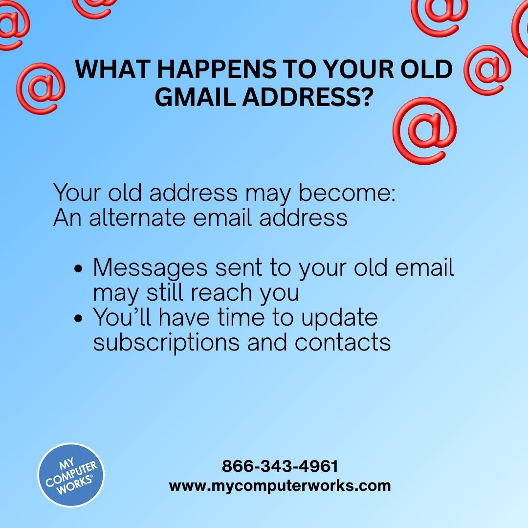 MyCompWorks's tweet photo. Still using the Gmail address you made in 2008? Google is finally allowing some users to change their email address without starting over.

For a step-by-step on how to change your gmail address, read our blog: https://t.co/YtmQ4Mfo0P https://t.co/EWlJOHbpXy