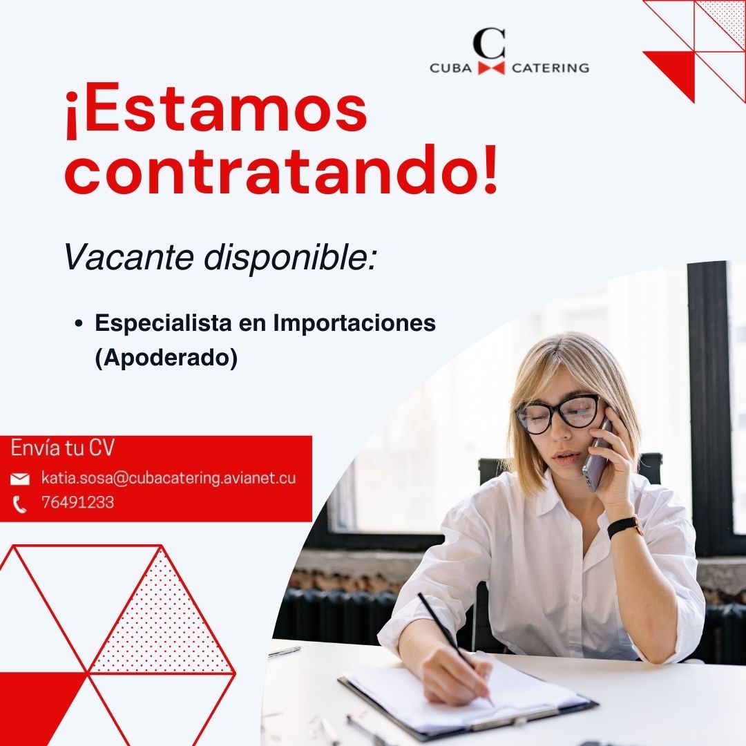 ¡Estamos buscando talento! 
¿Eres un profesional con experiencia en Comercio Exterior? Esta oportunidad es para ti.
Contáctanos para conocer todos los detalles de la vacante y cómo formar parte del equipo de Cuba Catering S.A. 📩 Escríbenos ya. #AviaciónCubana