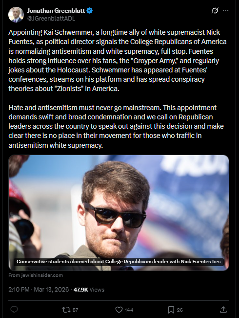 AFpost's tweet photo. The ADL is now attacking Kai Schwemmer after his appointment as political director for CRA.

Schwemmer has been attacked, doxxed, harassed, threatened, slandered, and generally maligned for days due to his refusal to disavow Nick Fuentes.

Follow: @AFpost https://t.co/rY5w3wSlHK