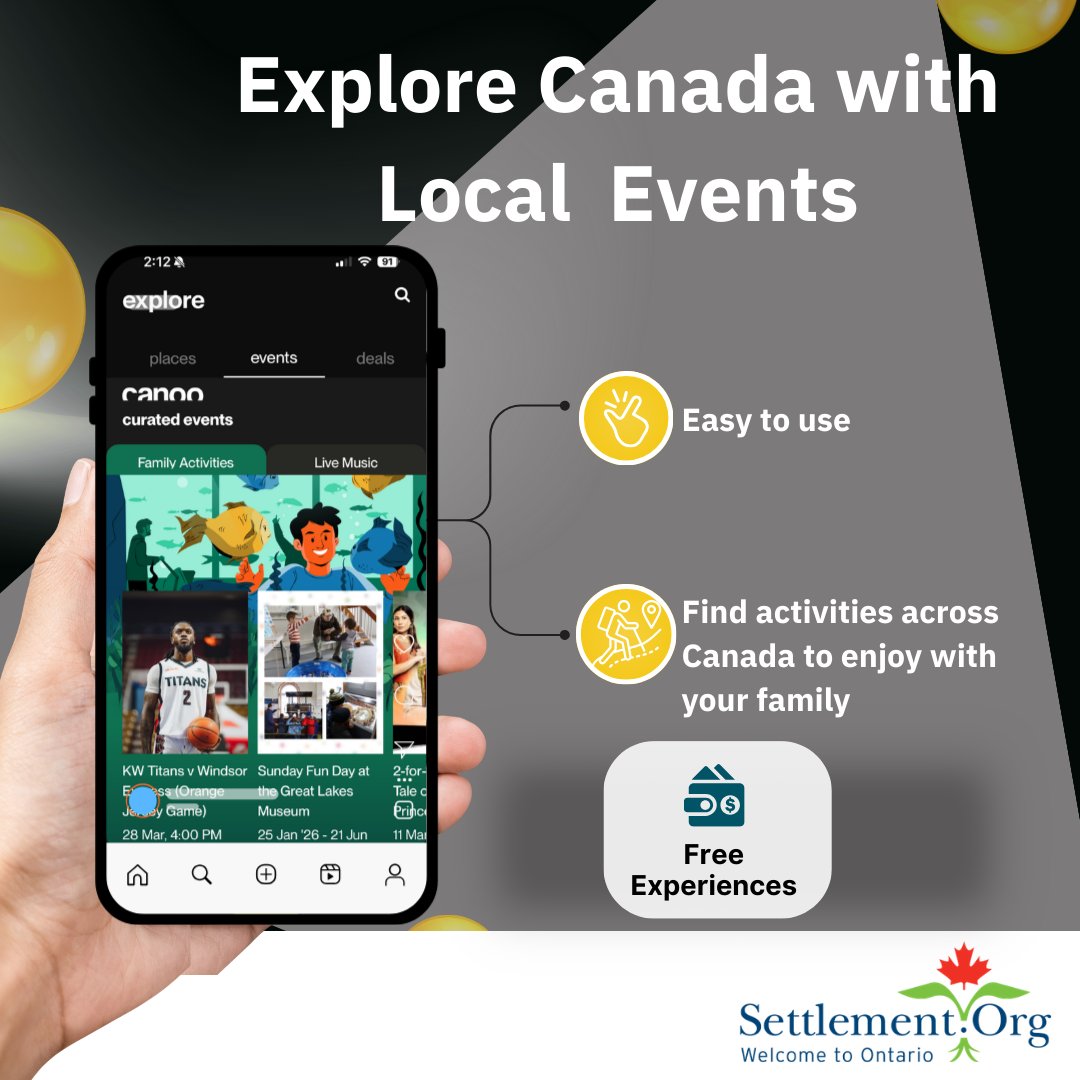 Settlement_Org's tweet photo. March Break doesn't have to be expensive! Enjoy the best Canada has to offer. Book free activities for you and your family with the Canoo app for newcomers. Find out more: https://t.co/Ly9M6pmL5Q https://t.co/9KWfJzNeNL