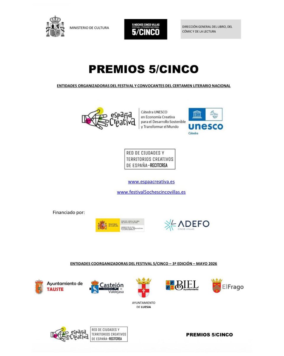 Abierto el plazo del CERTAMEN del Festival Literario Nacional 5 Noches Cinco Villas hasta el 20 abril 2026 📚✨
Modalidades: #Relatos #Poesía #DocumentalesDeLeyendas
Premios: 10.000€
📍Tauste, Castejón de Valdejasa, Luesia, Biel y El Frago.
Bases 👉 festival5nochescincovillas.es