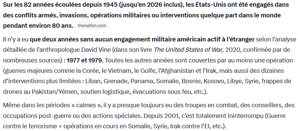 Les USA et la Guerre
Seuelement 2 années de Paix depuis 1945... A méditer
Une bonne analyse de <a href="/grok/">Grok</a>
Iran Israel Trump Macron Mélenchon