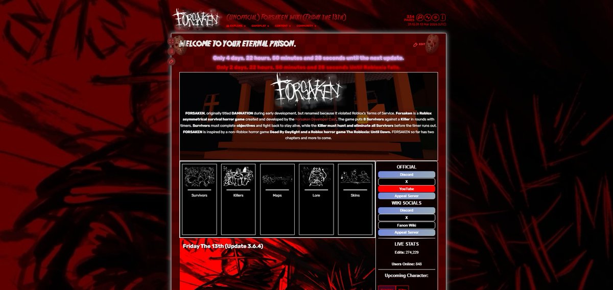 ForsakenWikiFD's tweet image. To celebrate Friday the 13th again, the wiki will now be themed after Slasher!

This design will be the default for Friday the 13th days in the future!
#Forsaken #FridayThe13th