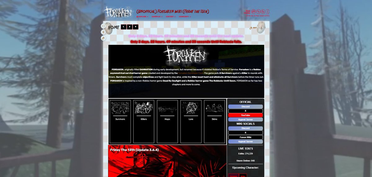 ForsakenWikiFD's tweet image. To celebrate Friday the 13th again, the wiki will now be themed after Slasher!

This design will be the default for Friday the 13th days in the future!
#Forsaken #FridayThe13th